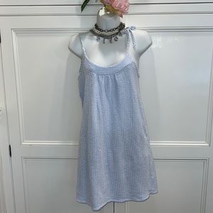 Light Blue Seersucker Tie-Shoulder Swim Cover-Up